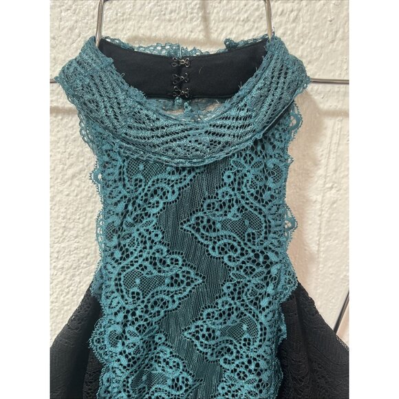 FREE PEOPLE ~X Small ~ Teal & Black Lace NATASHA Bodycon High Neck Dress - Picture 4 of 16